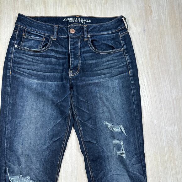American Eagle Tomgirl Distressed Raw Hem Dark Wash Super Stretch Denim Jeans 6 - Picture 2 of 15